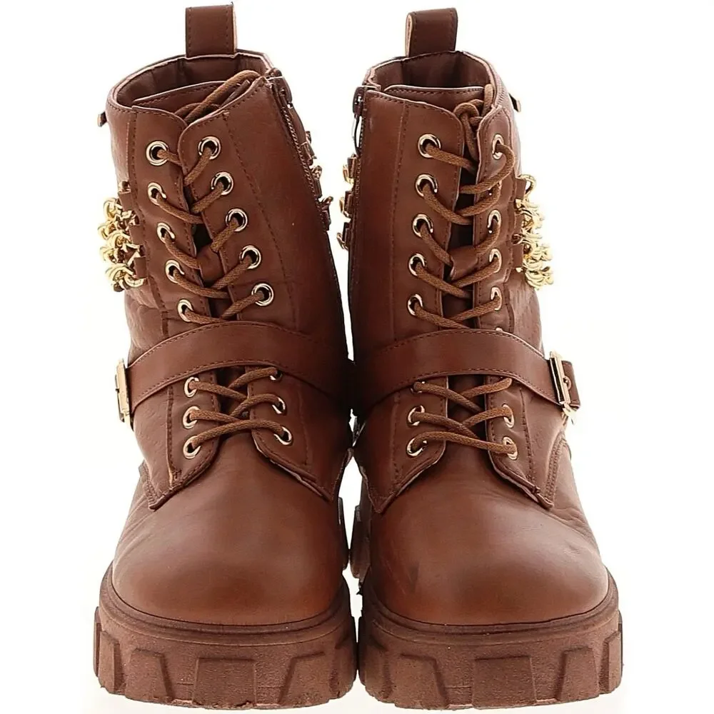 Rocawear Women’s Size 7 Brown Combat Boots Y2K Chain Buckle Platform Lug Sole